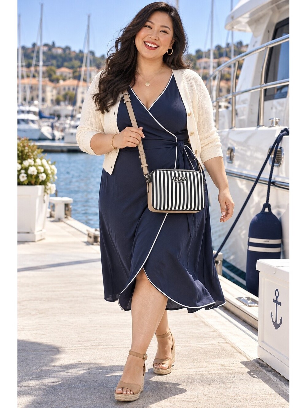 GUESS LA Black & White Striped Nautical Crossbody Bag